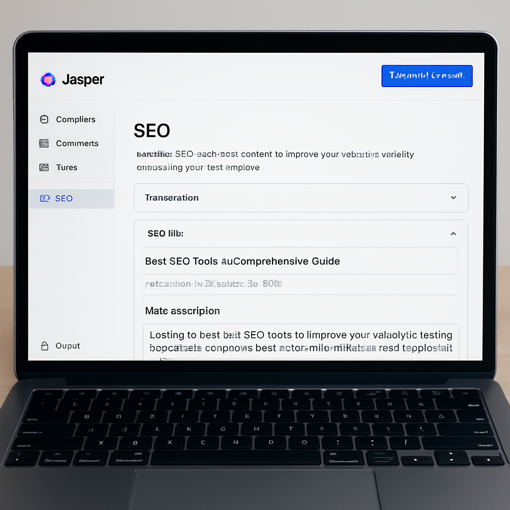 A sleek laptop screen showing Jasper AI’s template dashboard with highlighted SEO sections. Alt: Jasper AI SEO content generator template interface with SEO suggestions.