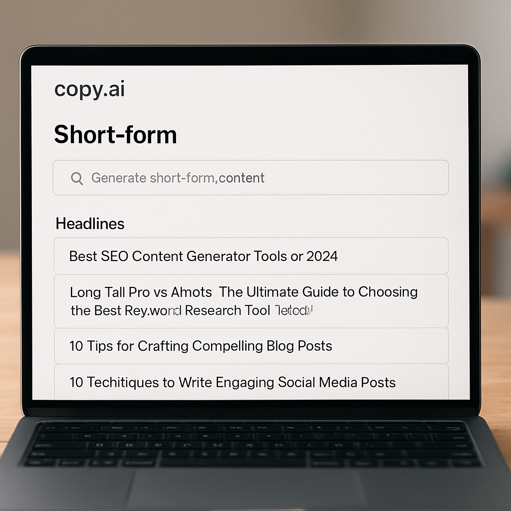 A modern laptop screen displaying Copy.ai’s short‑form content generator interface with several headline options visible. Alt: AI SEO content generator creating short‑form copy in Copy.ai