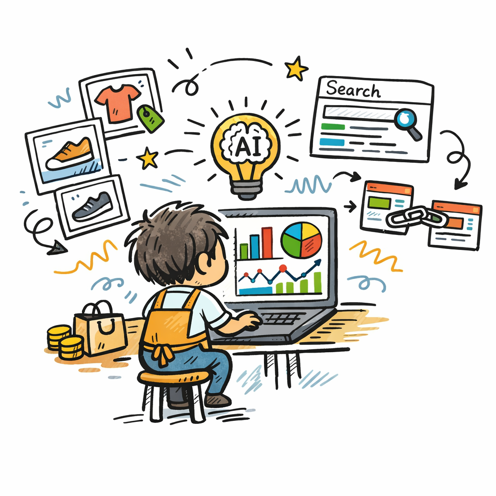 A doodle illustration of a small eCommerce store owner looking at a colorful dashboard with charts and a laptop, surrounded by icons of product images, search engine results, and backlink arrows, representing AI SEO for eCommerce. Alt: eCommerce owner using AI dashboard.