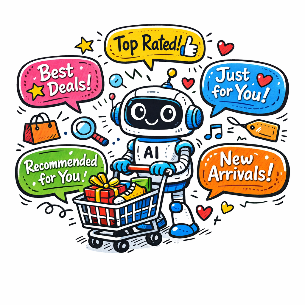A doodle illustration of a friendly robot holding a shopping cart, surrounded by speech bubbles that spell out personalized search results, doodle style, vibrant colors, for an eCommerce audience. Alt: AI SEO for eCommerce personalized recommendation illustration