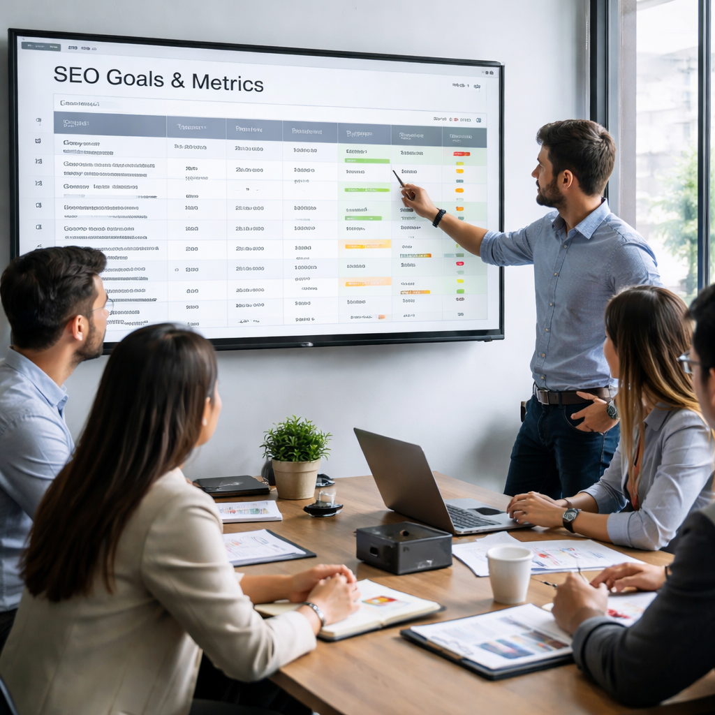 A photorealistic office scene where a team reviews a spreadsheet of SEO goals and metrics on a large screen. Alt: ai seo packages goal assessment illustration.