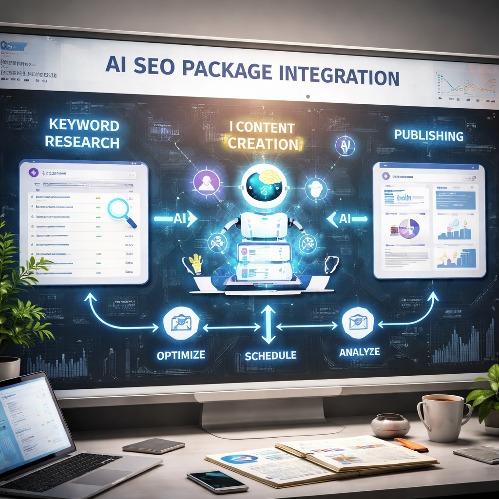 A photorealistic illustration of a digital workflow board showing AI steps linking keyword research, content creation, and publishing. Alt: AI SEO package integration workflow diagram.