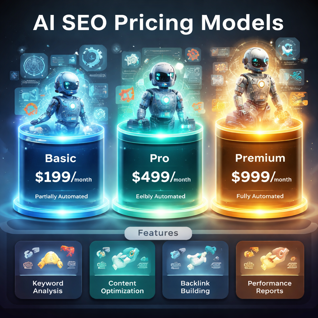 Realistic illustration of AI SEO pricing models diagram, showing tiered pricing and automation levels. Alt: ai seo pricing models overview.