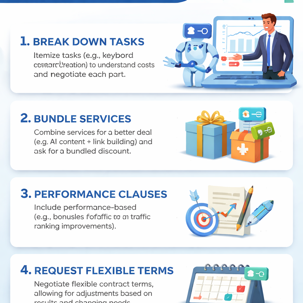 Clean infographic showing negotiation tactics for AI SEO services, such as breaking down tasks, bundling, and performance clauses. Alt: ai seo pricing negotiation tips.