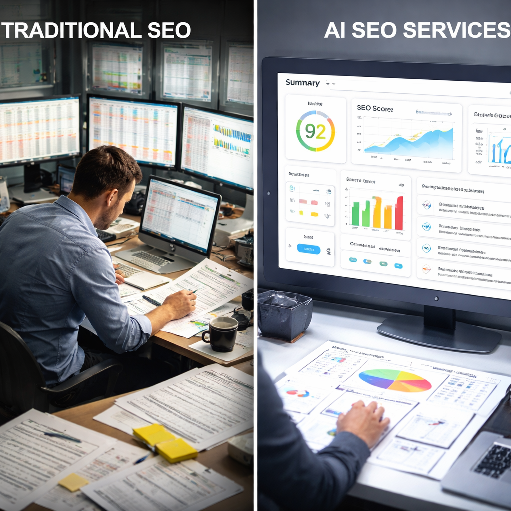 A split-screen comparison showing a human SEO analyst surrounded by spreadsheets and multiple monitors on one side, and a clean AI dashboard displaying automated SEO insights and real-time optimizations on the other side. Alt: AI SEO services versus traditional manual SEO analysis comparison