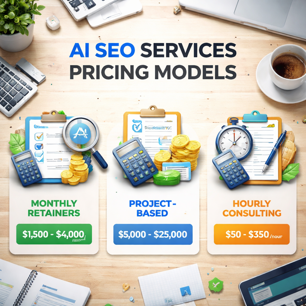 A clean infographic showing different AI SEO pricing models with cost ranges - monthly retainers ($1,500-$4,000), project-based ($5,000-$25,000), and hourly consulting ($50-$350/hour) - displayed with calculator icons and budget planning elements. Alt: AI SEO services pricing models and budget planning guide