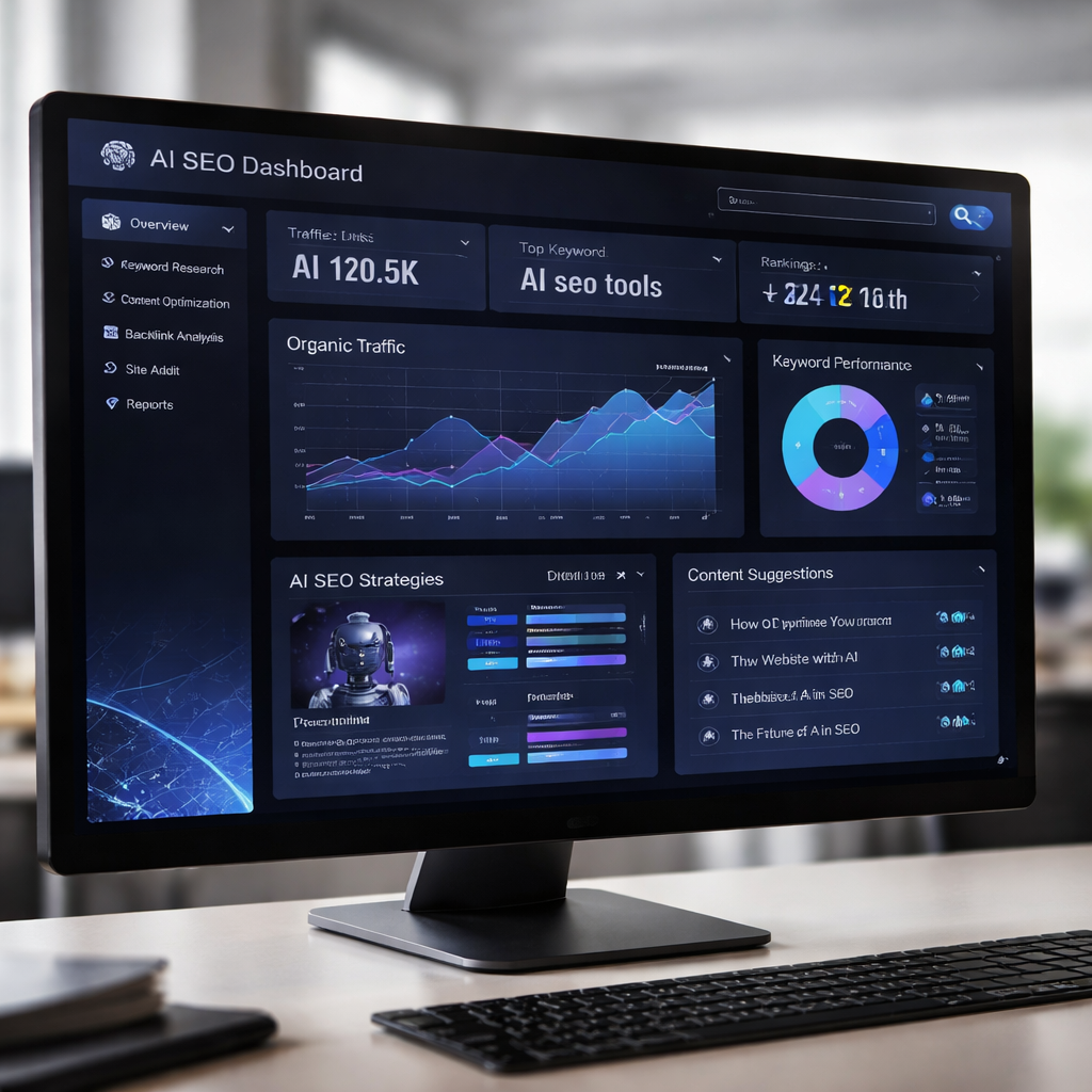 A photorealistic illustration of a computer screen showing an AI dashboard with graphs and content snippets, Alt: ai seo tools dashboard overview