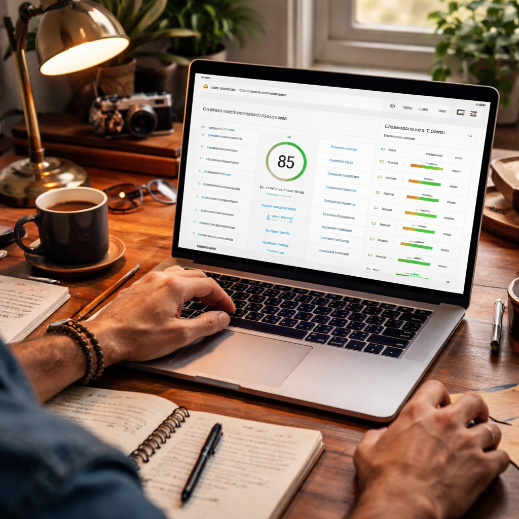 A photorealistic scene of a writer at a desk with a laptop showing a Clearscope score overlay, Alt: clearscope keyword recommendations view