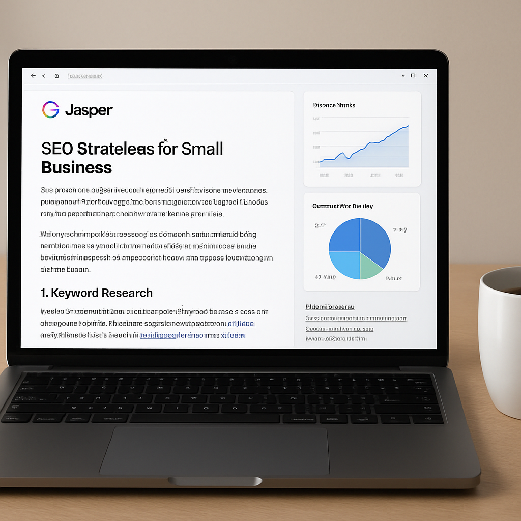 A sleek laptop screen showing Jasper AI drafting a blog post, with SEO charts and a coffee mug beside it. Alt: Jasper AI content creation and optimization for small business SEO.