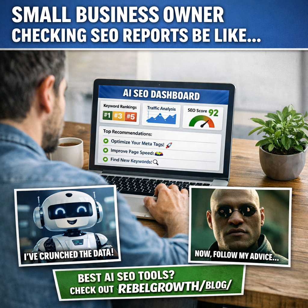 A photorealistic office desk with a laptop displaying an AI SEO dashboard, coffee mug, and a small plant, representing a small business owner reviewing SEO insights. Alt: AI SEO tools for small business dashboard view.