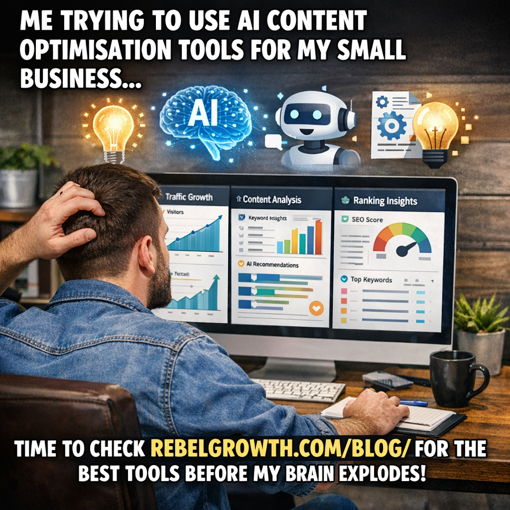 A photorealistic scene of a small business owner sitting at a desk, looking at a laptop screen displaying multiple AI content optimisation dashboards side‑by‑side, with charts showing rising traffic and AI icons floating above the screen, Alt: AI content optimisation tools for small business in realistic style.
