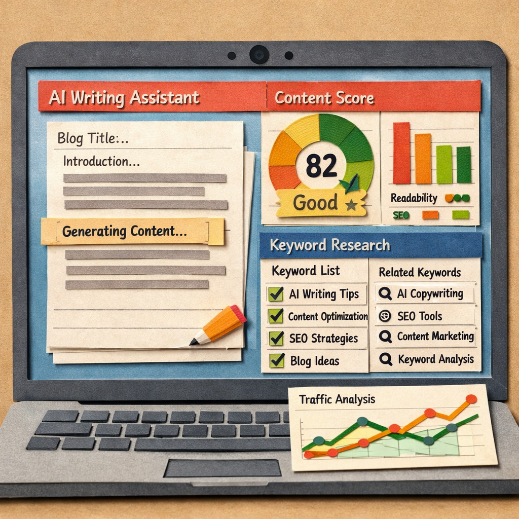 A papercraft style illustration of a laptop screen showing AI writing tool interface with charts and keyword lists. Alt: ai seo writing tool dashboard with keyword research and content scoring