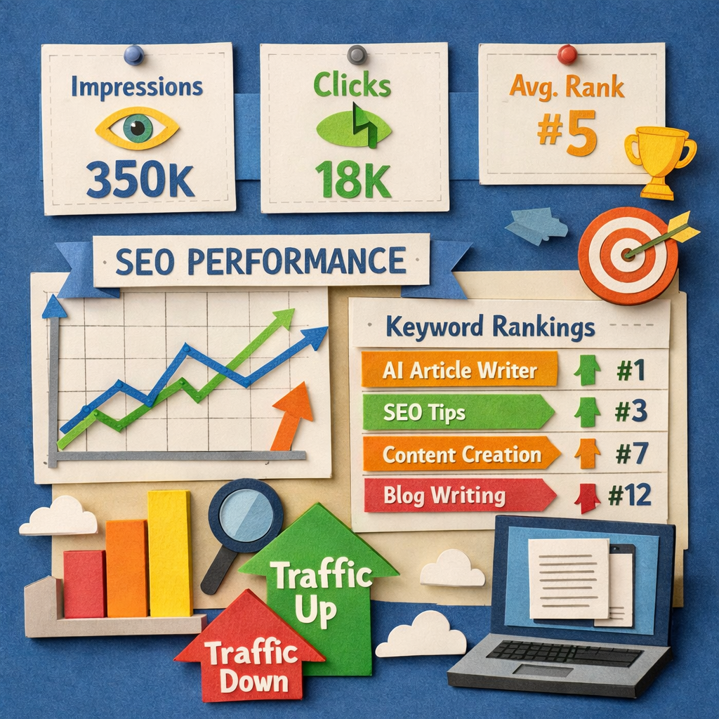 A papercraft style scene of a data dashboard with graphs, keyword rankings, and traffic arrows. Alt: ai seo writing performance dashboard showing impressions, clicks, and ranking trends