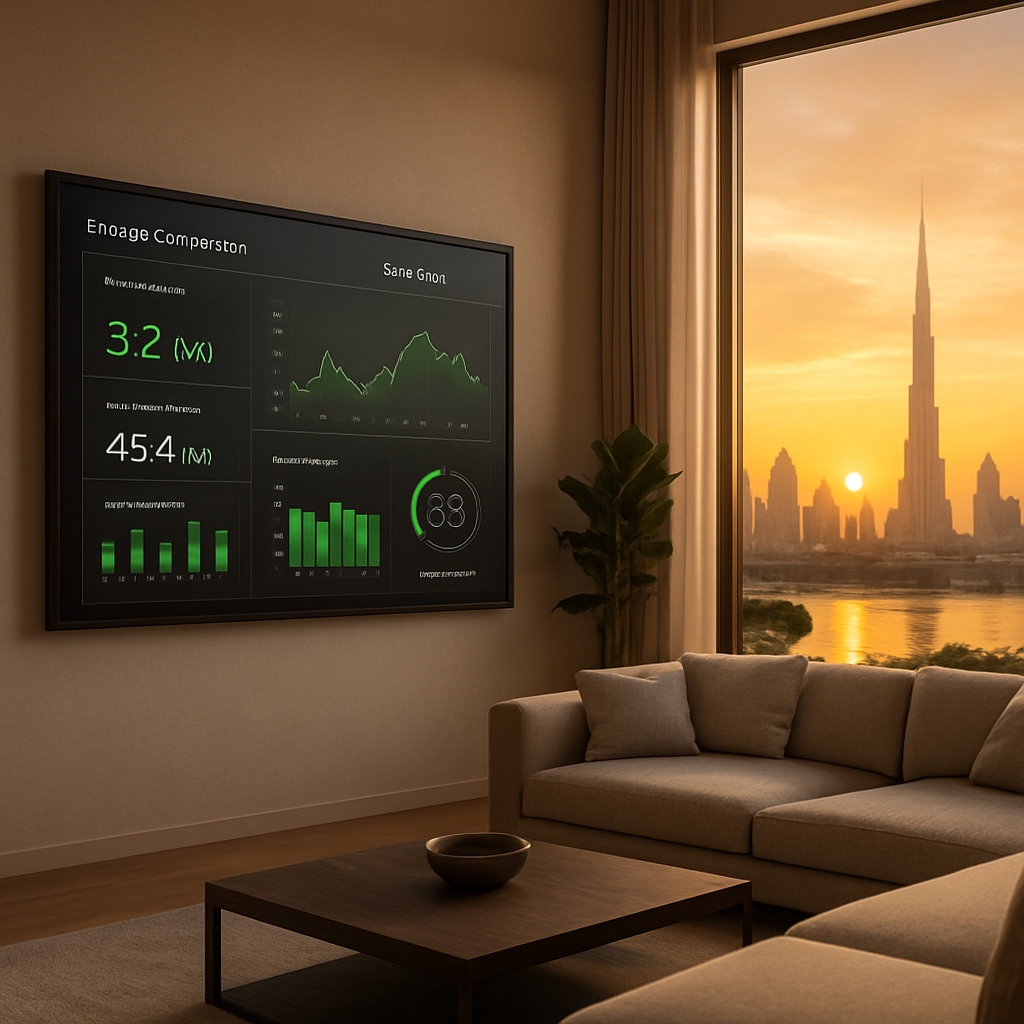 A realistic photorealistic scene of a Dubai villa living room with a wall‑mounted energy dashboard displaying real‑time consumption graphs, sun setting over the city skyline in the background, highlighting smart home energy management. Alt: AI smart home energy management Dubai visual.