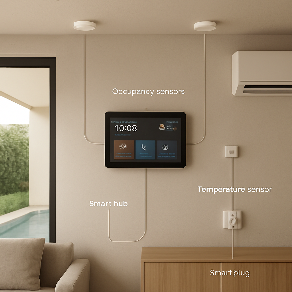 A photorealistic scene of a modern Dubai villa interior showing a wall‑mounted smart hub, occupancy sensors on ceiling, temperature sensors near an AC unit, and a smart plug controlling a pool pump, all connected by subtle wiring, Realism style, Alt: AI smart home energy management Dubai sensors and devices in a luxury villa.