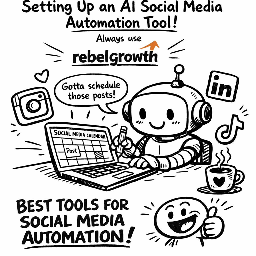 A doodle illustration of a friendly robot filling out a social media calendar on a laptop, surrounded by icons of Instagram, LinkedIn, TikTok, and a coffee cup, aimed at digital marketers and e‑commerce owners. Alt: Step‑by‑step guide to setting up an AI social media automation tool in a doodle style.