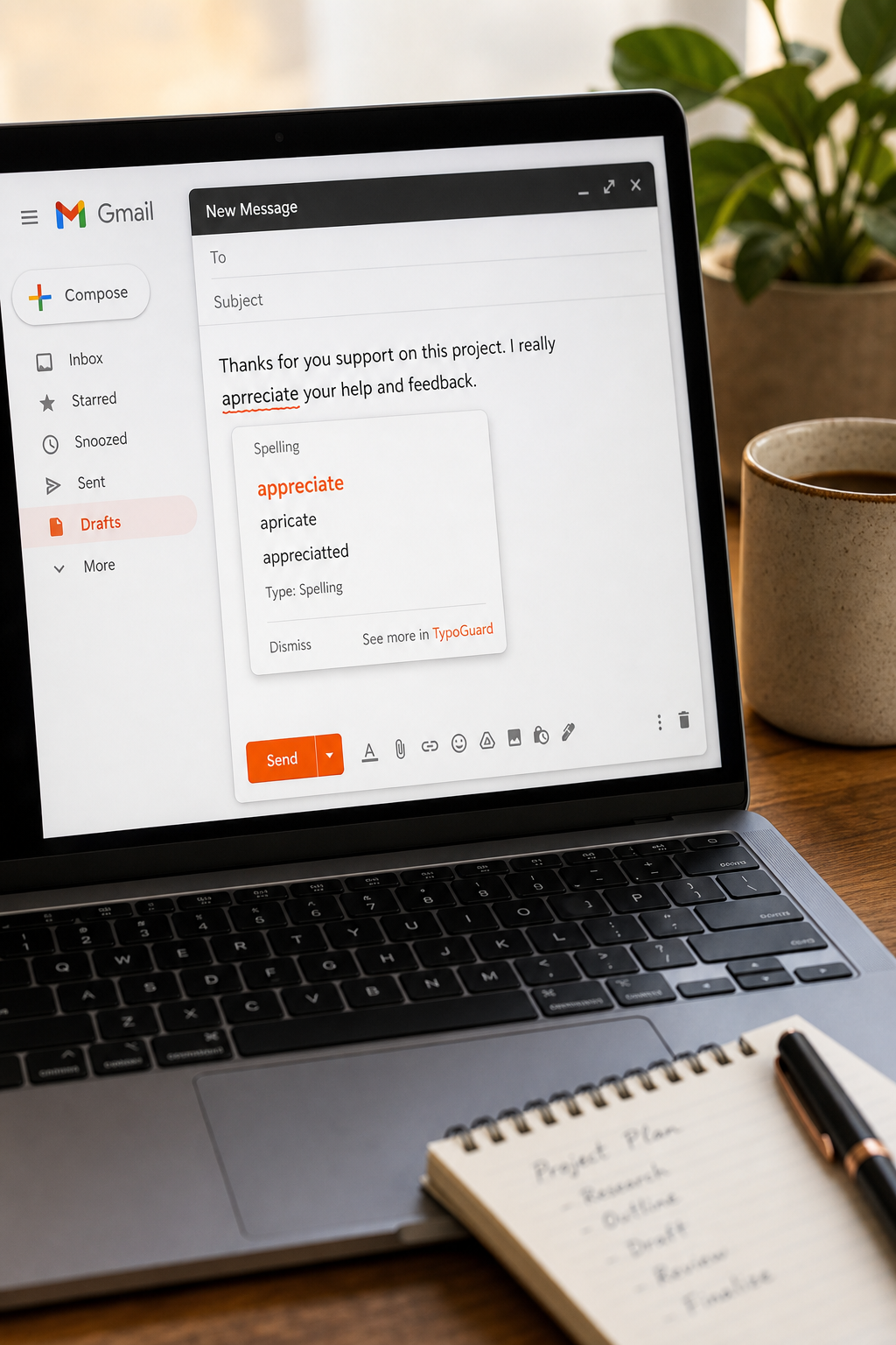 A close-up of a laptop screen showing a Gmail compose window with a red underline under a misspelled word, and a small popup suggesting corrections. The scene is well-lit, with a coffee mug and notepad nearby. Alt: TypoGuard AI real-time spell check in Gmail compose window.