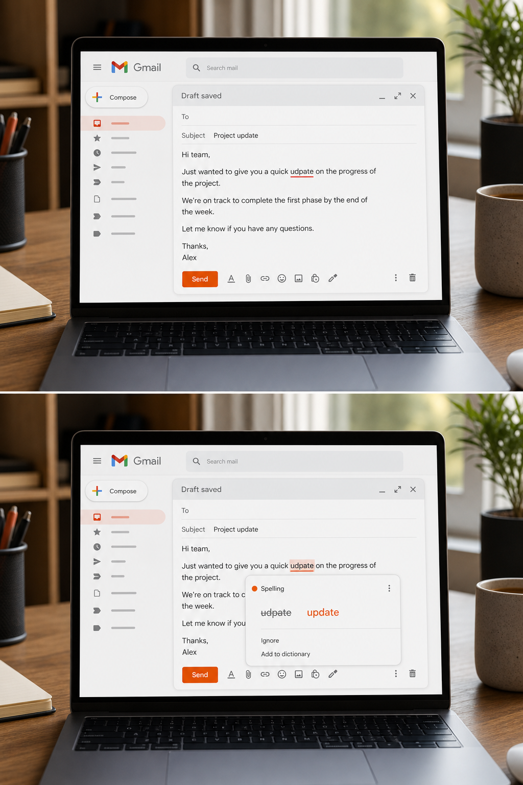 A split-screen illustration: left side shows a Gmail draft with a misspelled word, right side shows the same draft with the tool's popup suggesting corrections. Alt: AI grammar and spell check in Gmail.