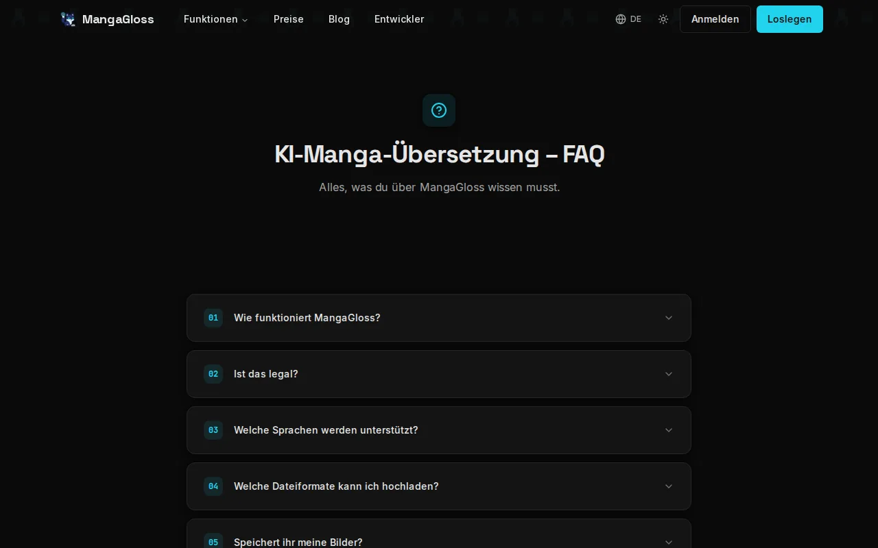 Screenshot of the MangaGloss website