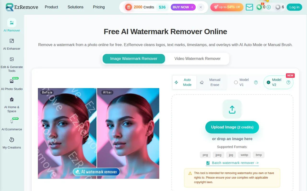 Screenshot of the EzRemove website