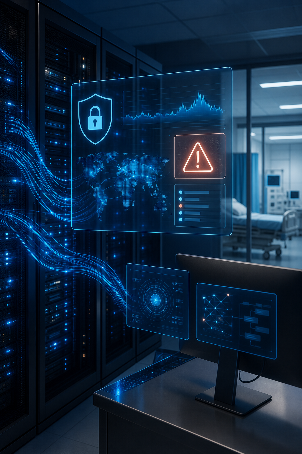 A cinematic shot of a hospital server room with soft blue lighting, glowing network cables, and a holographic interface showing threat detection alerts. Alt: Darktrace AI threat detection interface in a healthcare environment