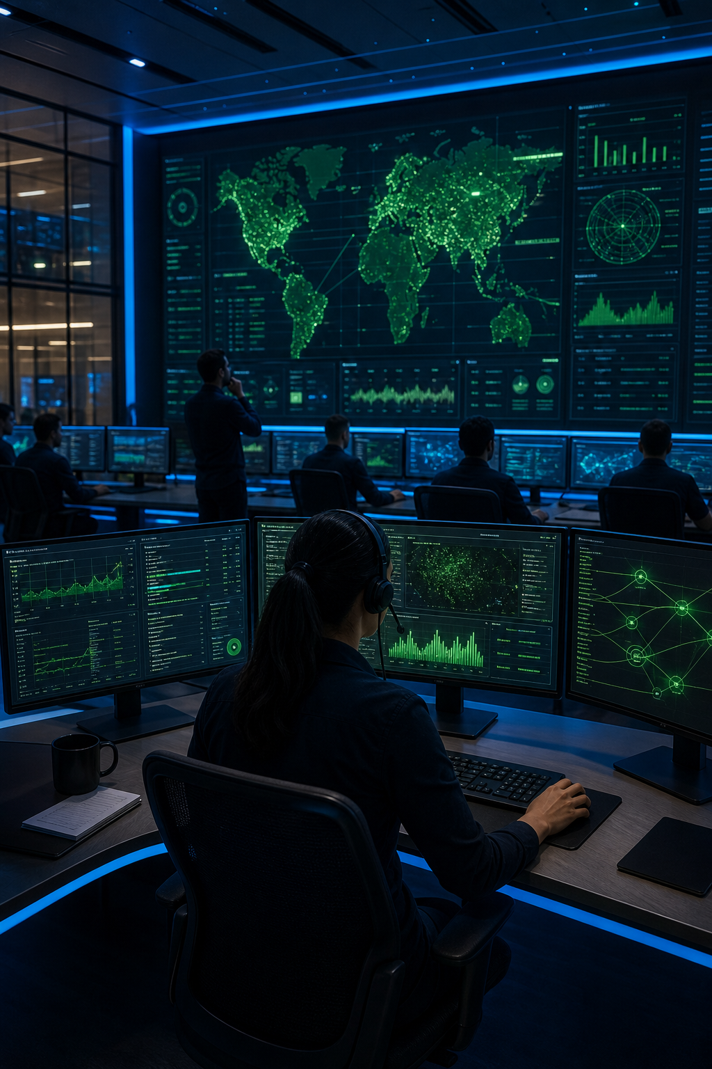 A cinematic view of a modern security operations center with large screens showing AI-driven analytics, a team of analysts monitoring networks, and green data overlays. Alt: Palo Alto Networks Cortex XSIAM AI-driven SOC in action