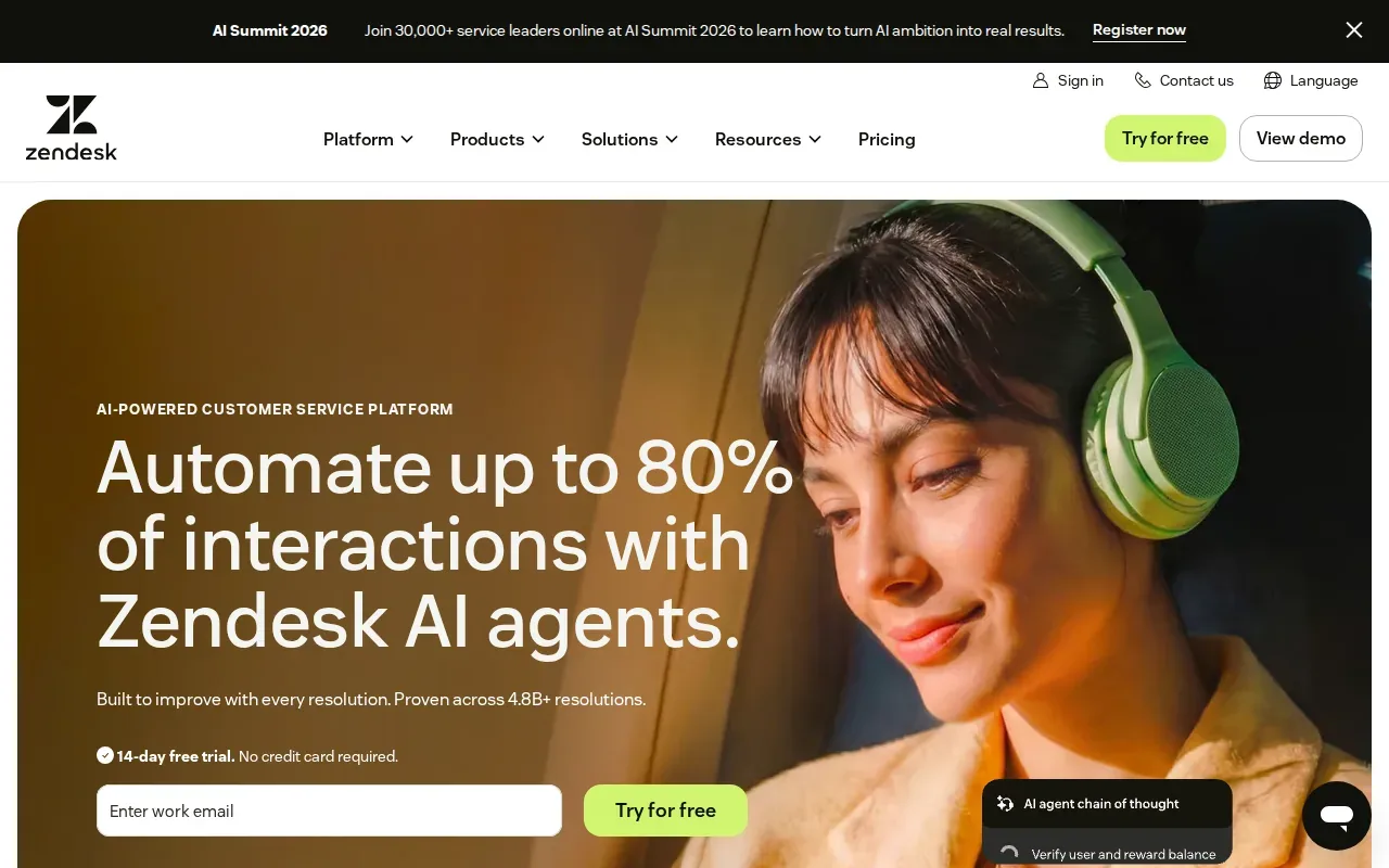 Screenshot of the Zendesk website