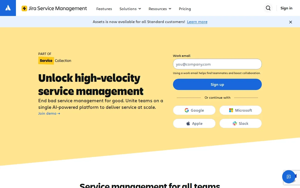 Screenshot of the Jira Service Management by Atlassian website