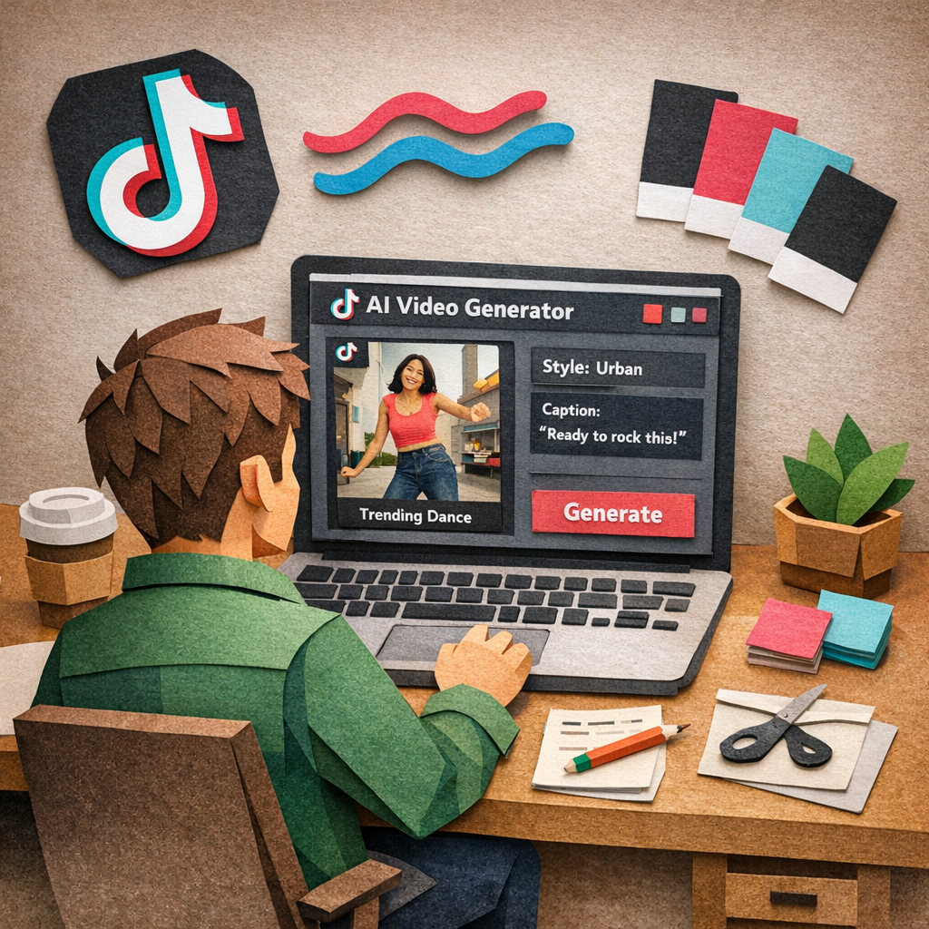 A Papercraft illustration of a marketer sitting at a desk, reviewing an AI‑generated TikTok video preview on a laptop screen, with TikTok’s logo, trend wave icons, and brand color swatches floating around. Alt: AI TikTok video generator platform selection guide in papercraft style.