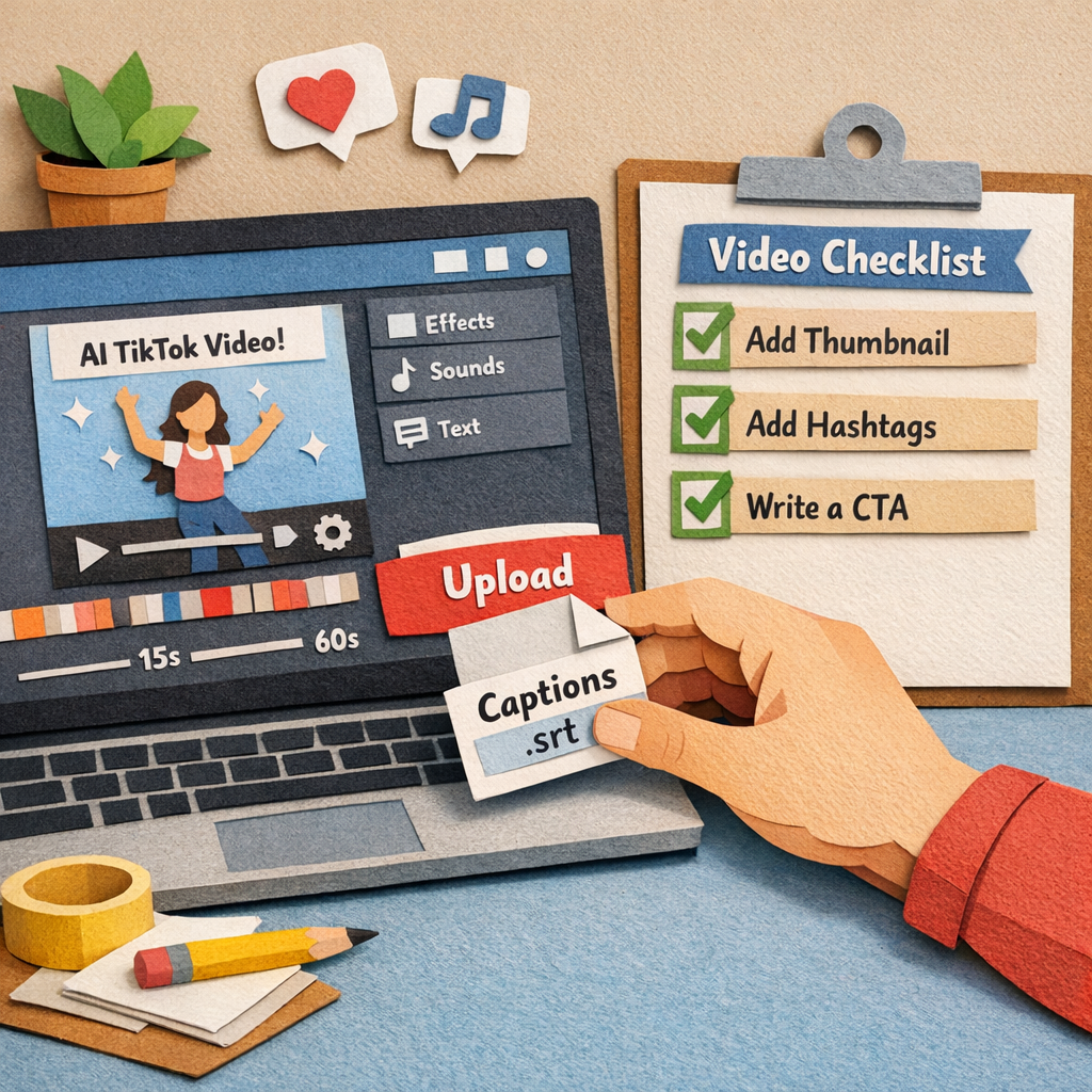 A Papercraft scene showing a laptop screen with a TikTok video timeline, a hand dragging a caption file onto the upload button, and a checklist of optimization steps like thumbnail, hashtags, and CTA. Alt: AI TikTok video generator publishing workflow illustration in papercraft style.