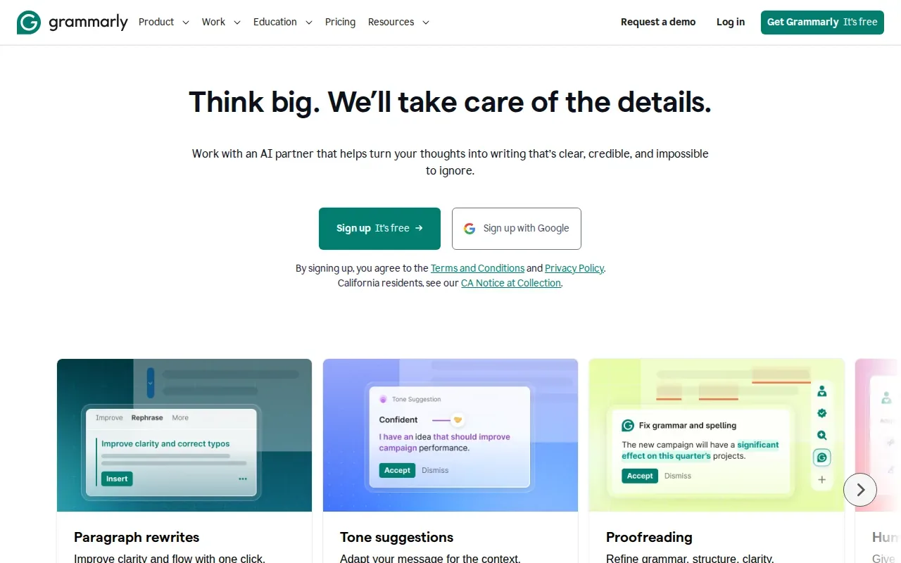 Screenshot of the Grammarly website