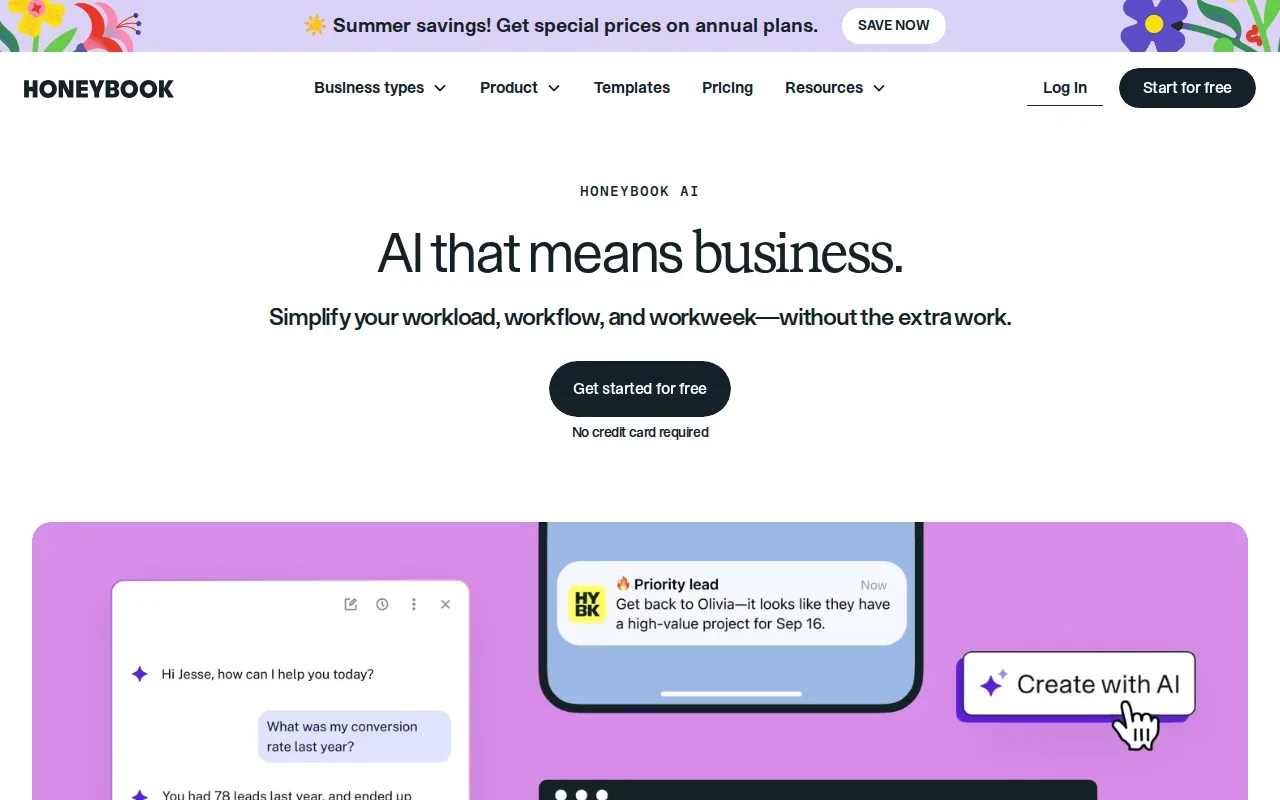 Screenshot of the HoneyBook AI website