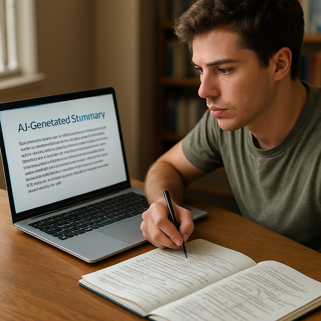 A photorealistic scene of a college student sitting at a desk with a laptop, AI-generated summary on screen, and a notebook full of handwritten ideas, capturing the blend of AI assistance and personal creativity. Alt: Realistic image illustrating the debate of AI as treat or opportunity for students.