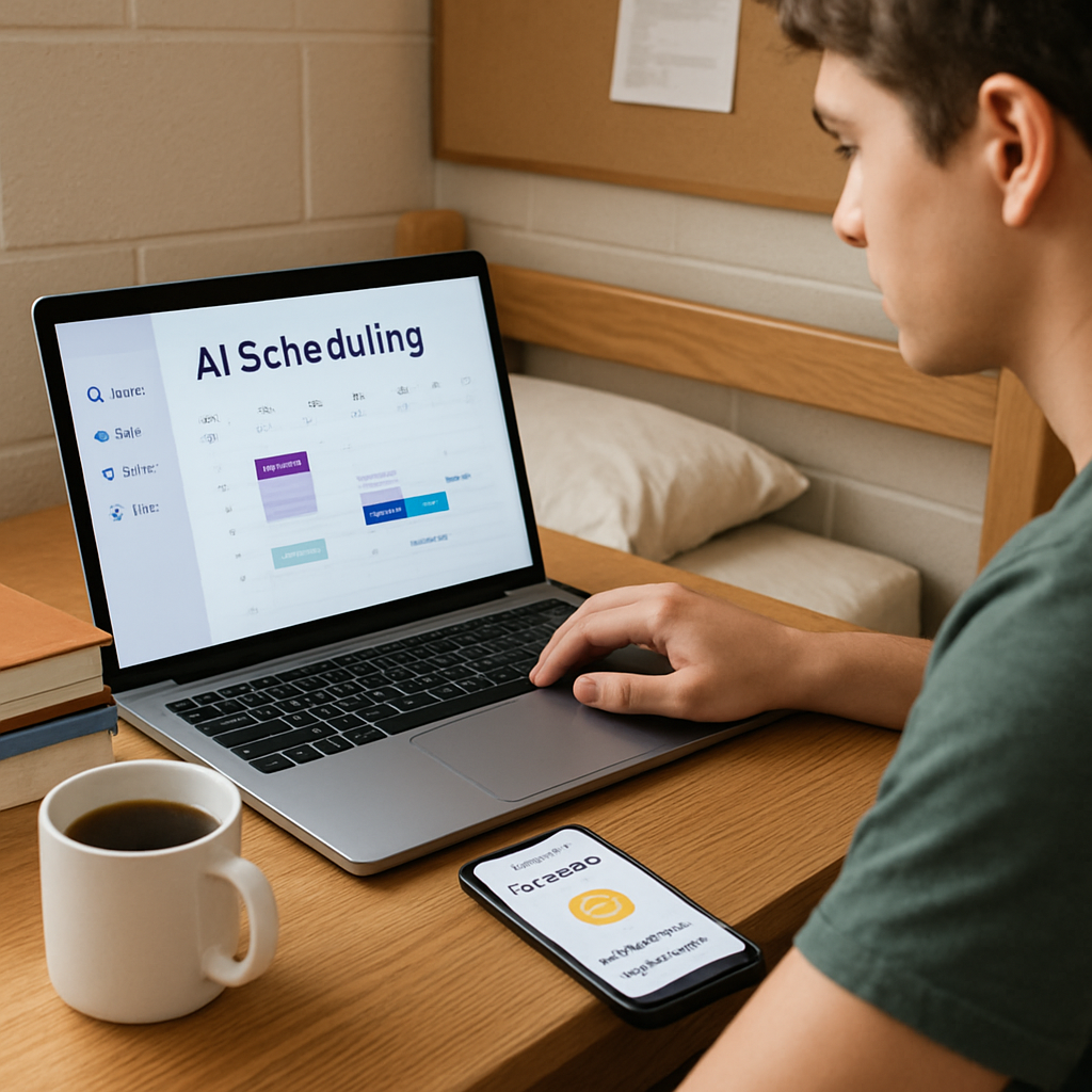 A photorealistic scene of a college student sitting at a dorm desk, laptop open with an AI scheduling app, coffee mug beside a stack of textbooks, and a smartphone displaying a mood‑check notification. Alt: AI-driven opportunities helping students manage studies, wellness, and career planning in daily life.