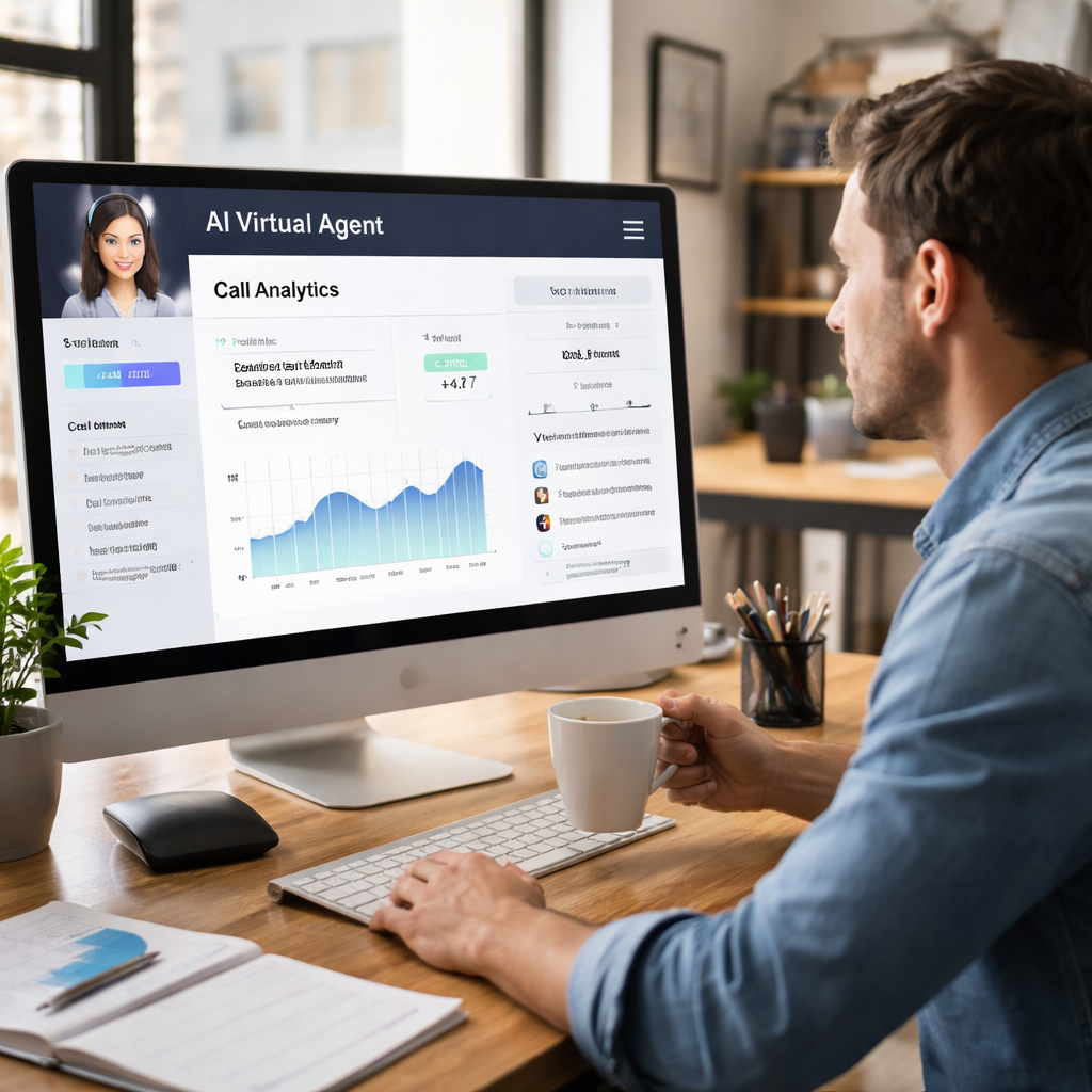A photorealistic scene showing an AI virtual agent interface on a desktop screen, with a small business owner looking at call analytics, highlighting voice interaction. Alt: ai virtual agent capabilities visual.