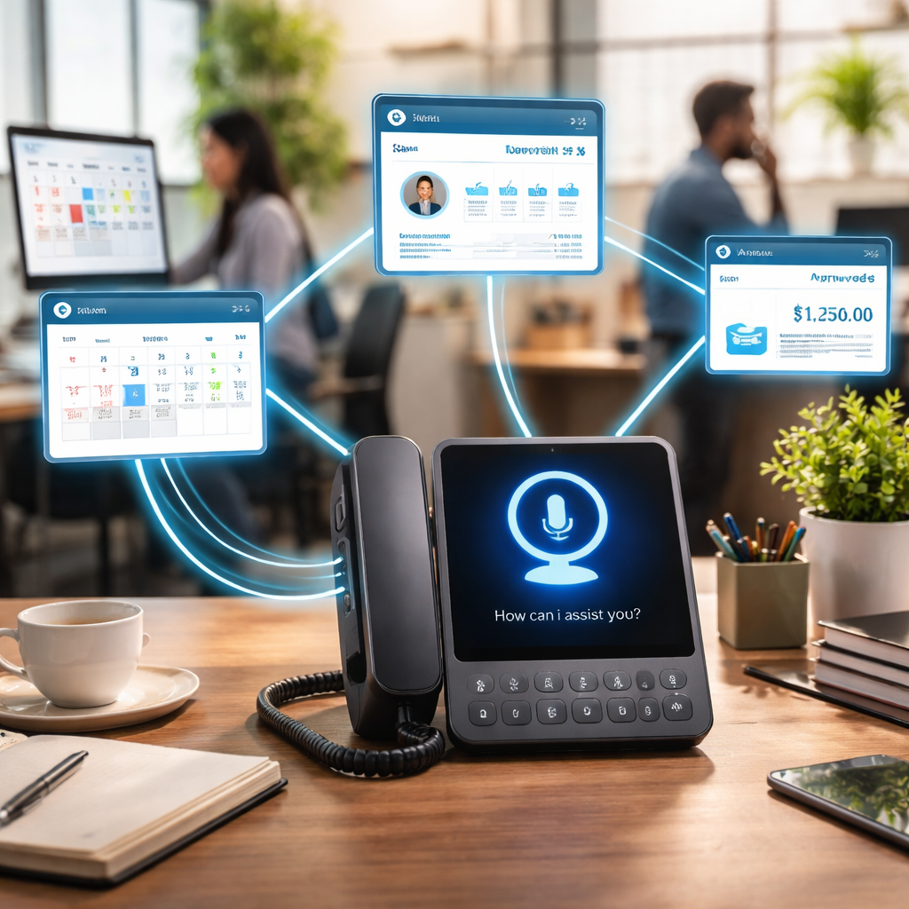 A photorealistic scene of a small business office where a friendly AI voice interface on a desk phone is connected via glowing lines to a calendar app, a CRM dashboard, and a payment gateway, illustrating seamless integration of an ai virtual agent with existing systems. Alt: ai virtual agent integration workflow illustration.