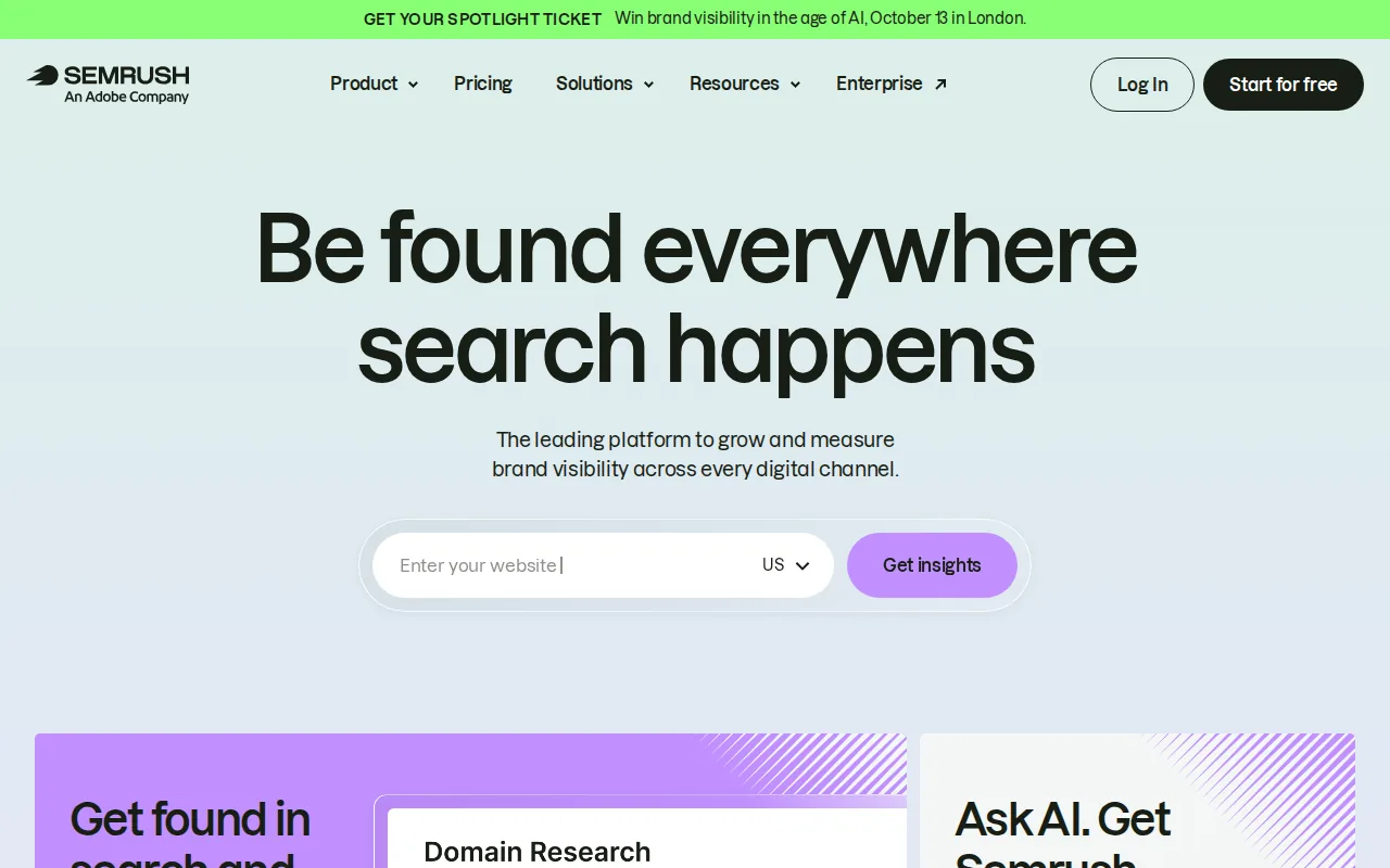 Screenshot of the Semrush AI Visibility Toolkit website