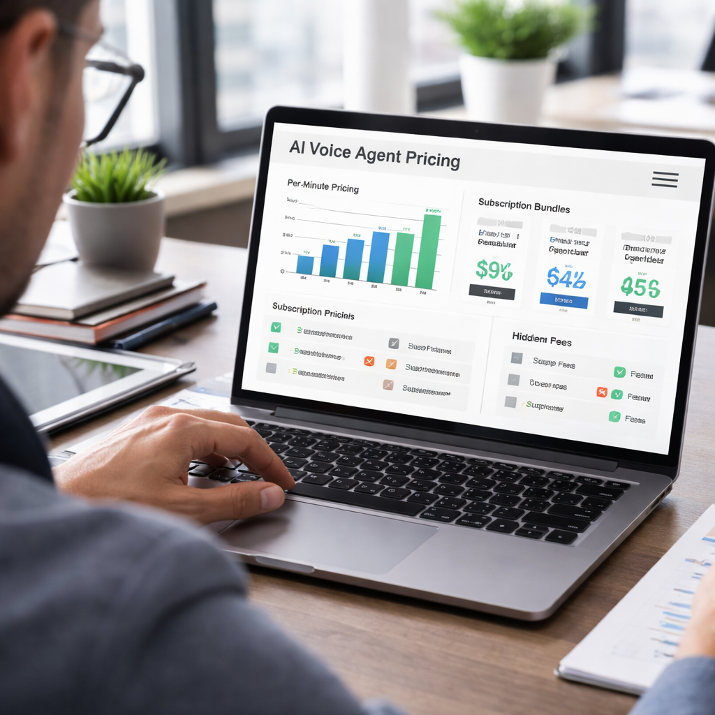 A photorealistic scene of a business owner reviewing a detailed AI voice agent pricing dashboard on a laptop, with charts showing per‑minute costs, subscription bundles, and hidden fees, set in a modern office environment. Alt: Detailed visual guide to AI voice agent pricing models.