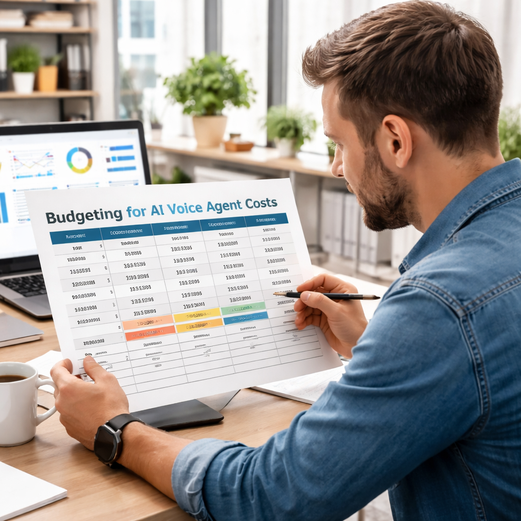 A photorealistic scene of a small business owner sitting at a desk, reviewing a spreadsheet that breaks down AI voice agent costs – columns for minutes, custom voice fees, integration fees, and multilingual add‑ons – with a coffee cup and a modern office backdrop. Alt: Detailed visual guide to budgeting for AI voice agent projects.