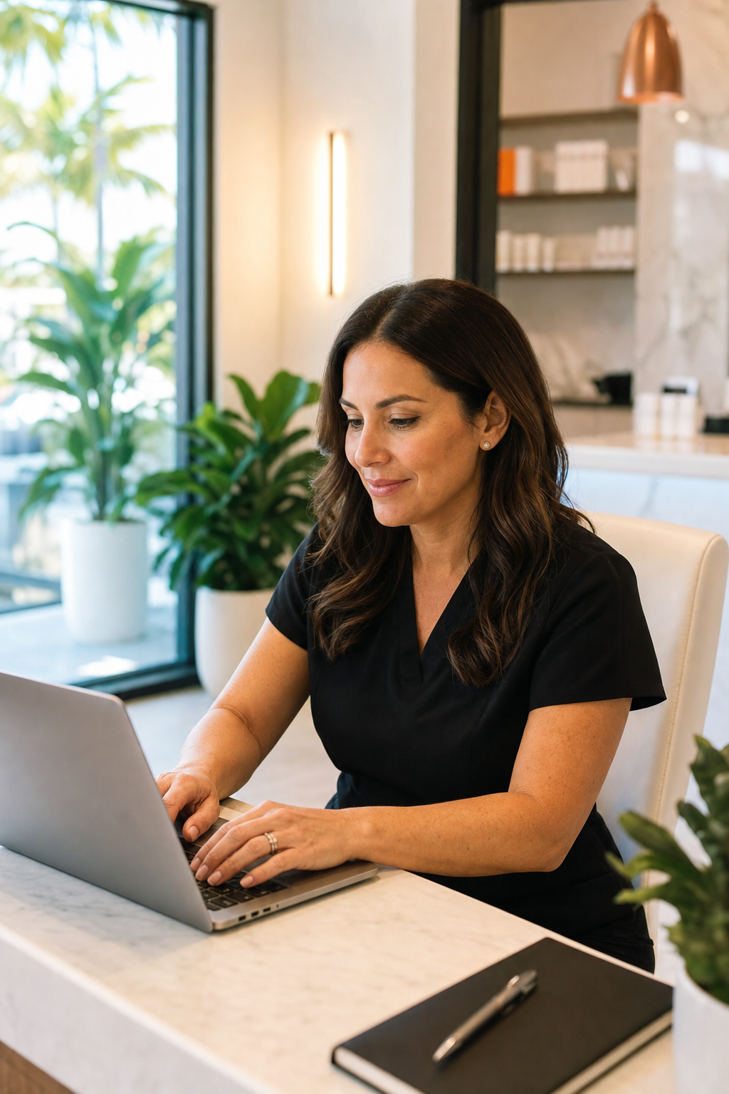 A South Florida medspa owner in her early 40s, seated at a reception desk with plants and bright Florida daylight, typing a prompt into an AI website builder on a laptop. She looks focused, slightly smiling. Warm, authentic office environment. Realism style. Alt: local business owner writing an AI website prompt for her medspa.