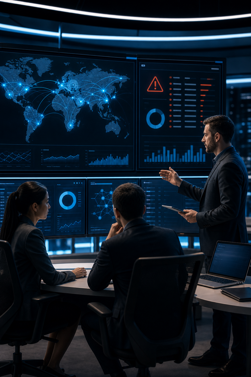 A professional dashboard showing AI-driven threat detection alerts and compliance status metrics in a modern command center. Alt: AI threat detection dashboard for enterprise compliance automation.