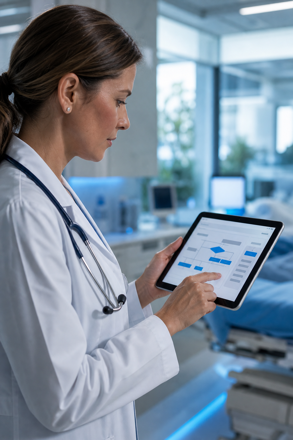A healthcare professional using a tablet with workflow automation software in a modern clinic. Alt: Healthcare workflow automation app being used by a doctor.