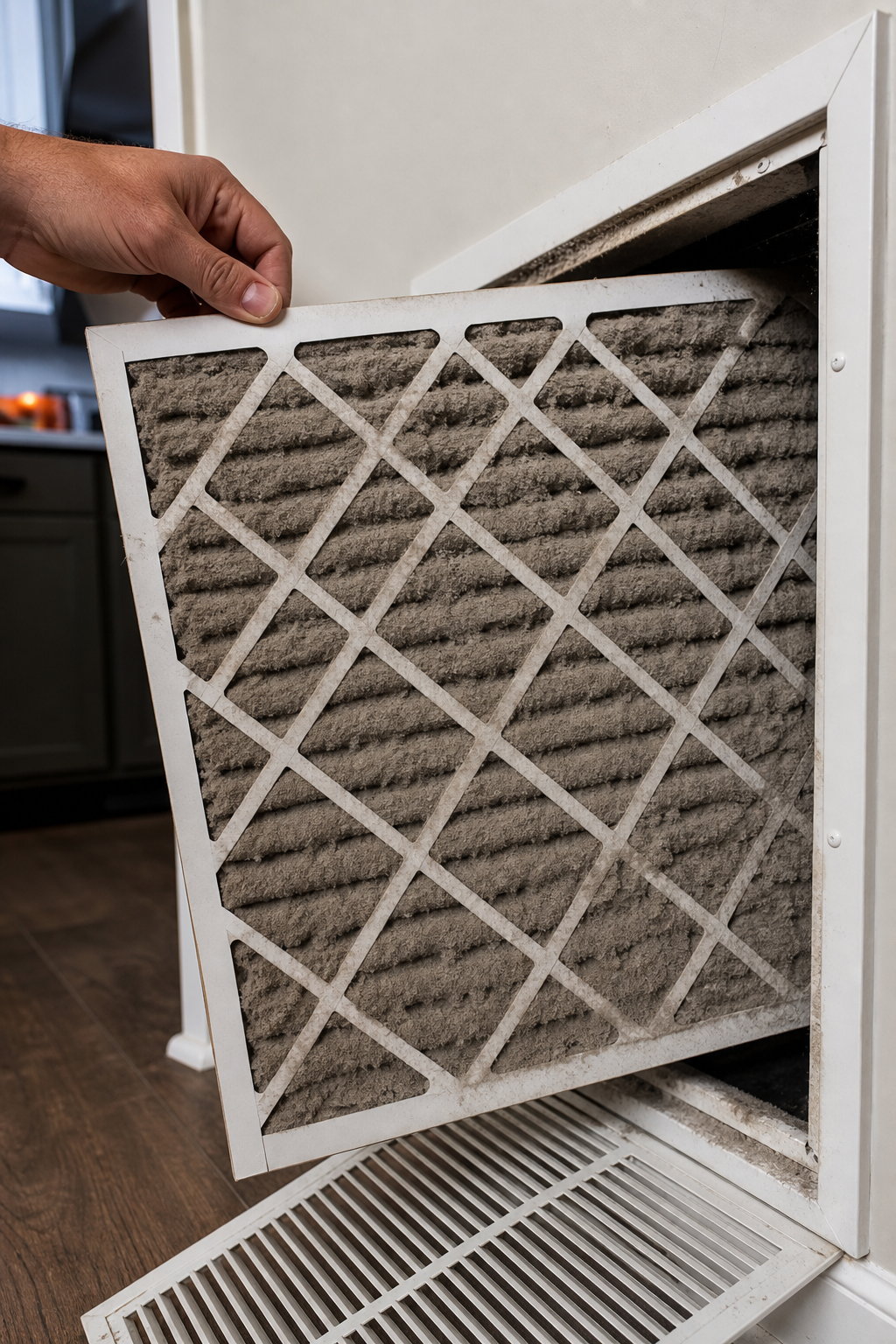 A photorealistic close-up of a severely clogged residential HVAC air filter being pulled from a wall return vent, showing thick gray dust buildup against a clean white filter frame, natural indoor lighting, no product labels. Alt: clogged air filter causing air conditioner not cooling properly.