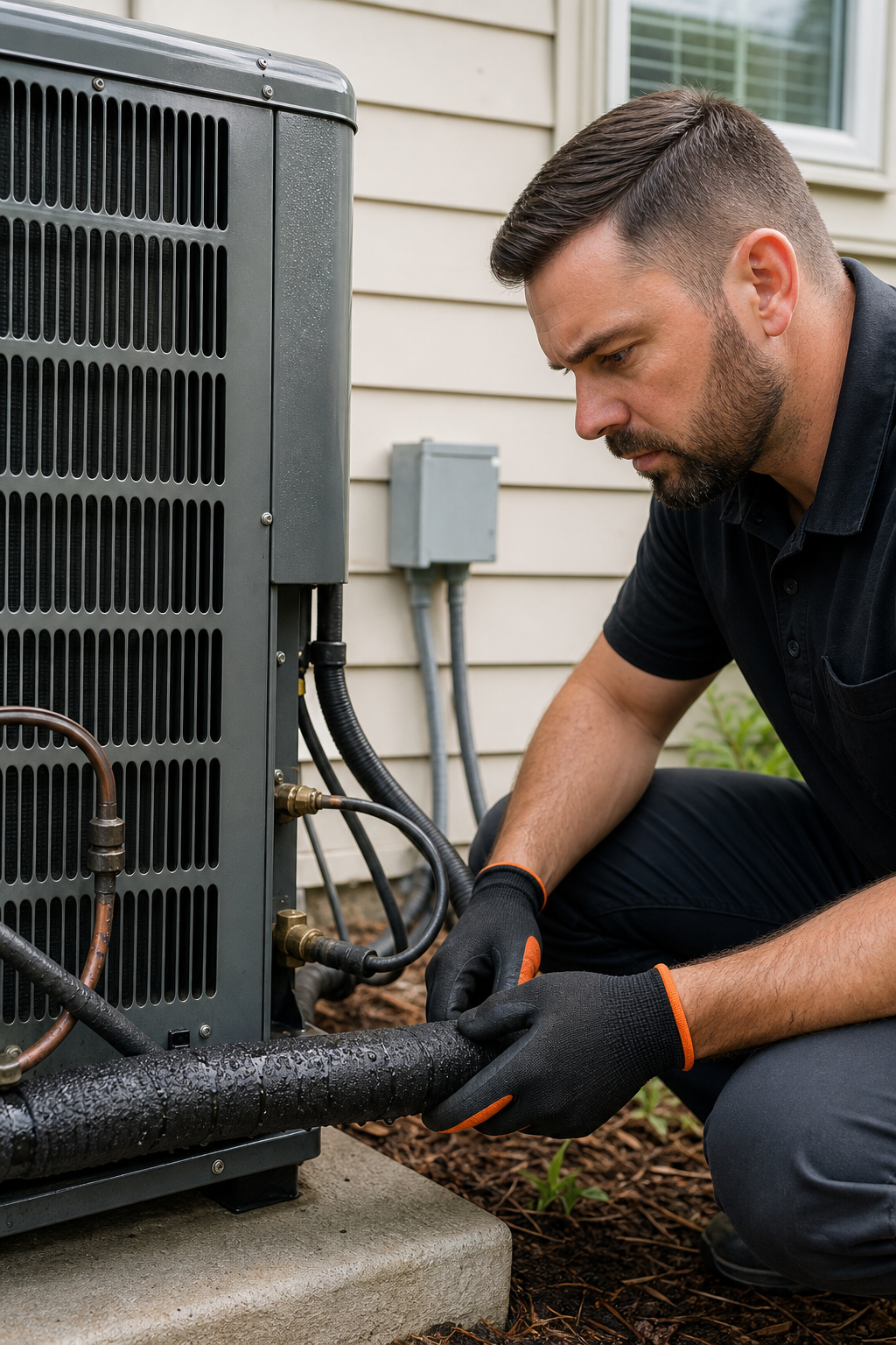 A photorealistic scene of an HVAC technician in work uniform checking the large insulated copper suction line on a residential outdoor AC condenser unit, condensation visible on the pipe, natural daylight, no phone numbers or branding visible. Alt: checking suction line for low refrigerant in air conditioner not cooling.