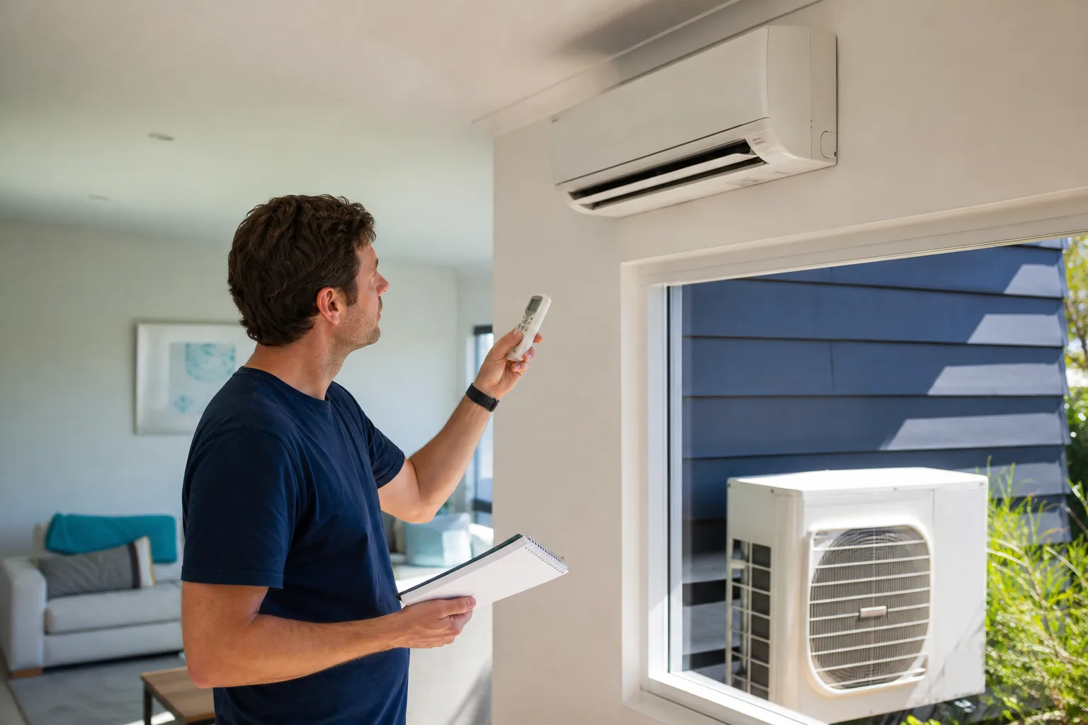 homeowner checking a split system air conditioner fault before repair