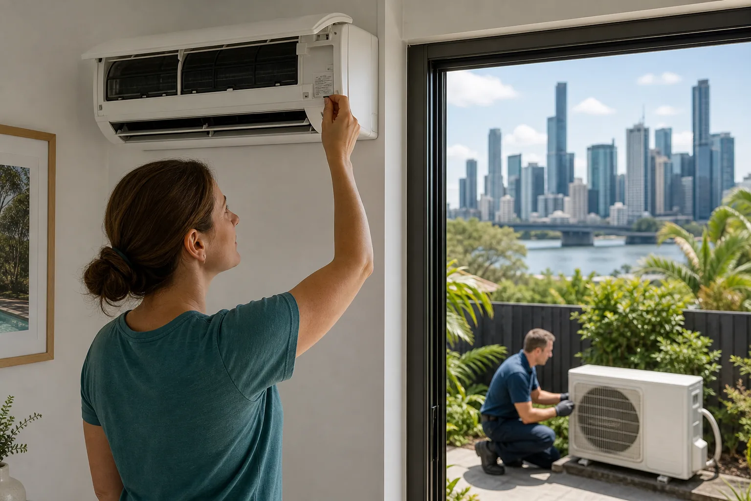 Homeowner checking a split system air conditioner before booking service in Brisbane