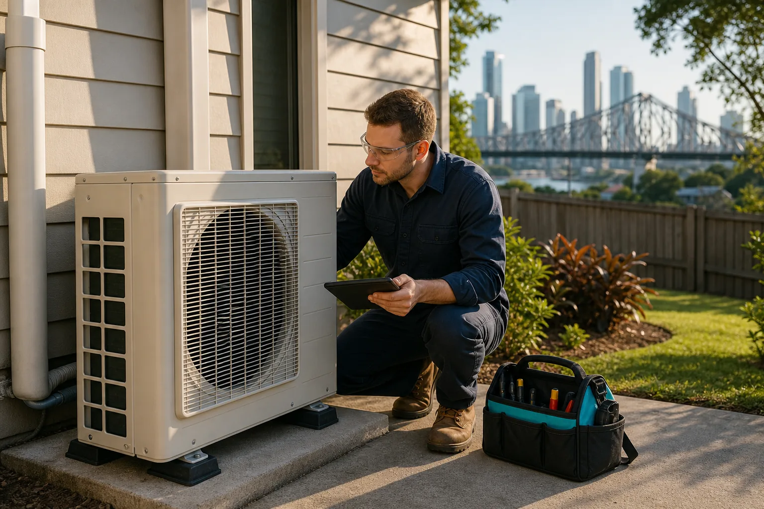 Technician carrying out safe air conditioner maintenance at a Brisbane home