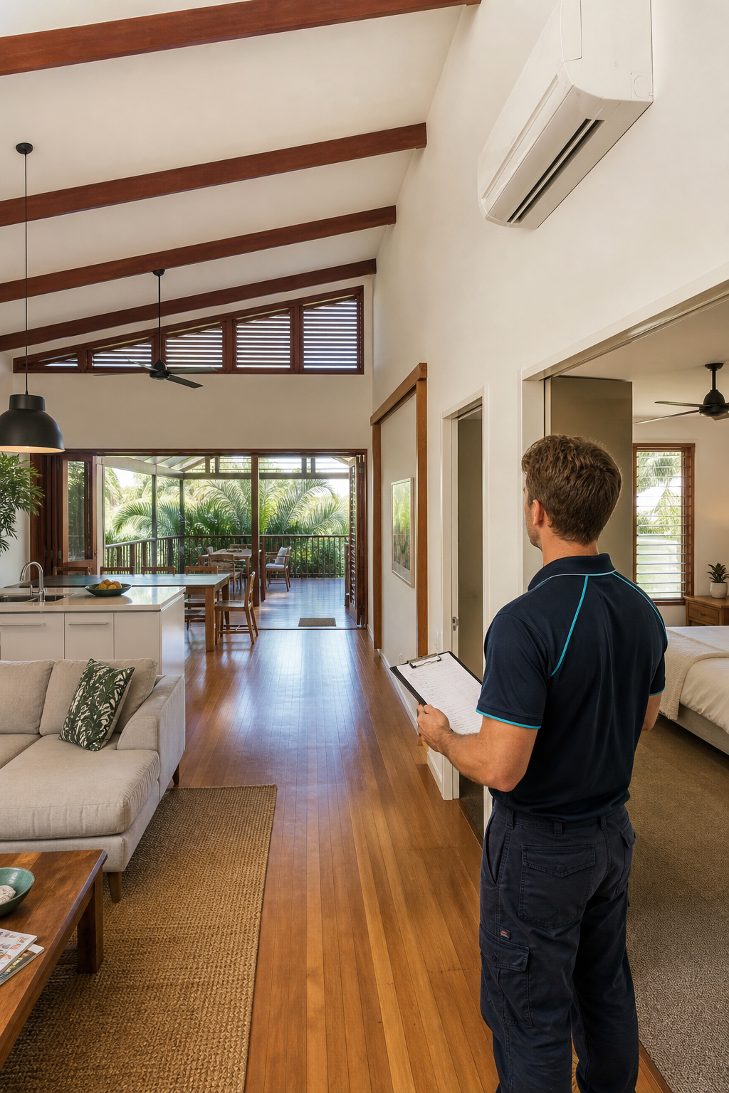 A photorealistic interior view of a Queensland-style home floor plan being assessed by a technician with a clipboard, showing open-plan living areas and bedroom wings, natural light through windows, warm tones. Alt: air conditioner zoning assessment in a Queensland home floor plan.