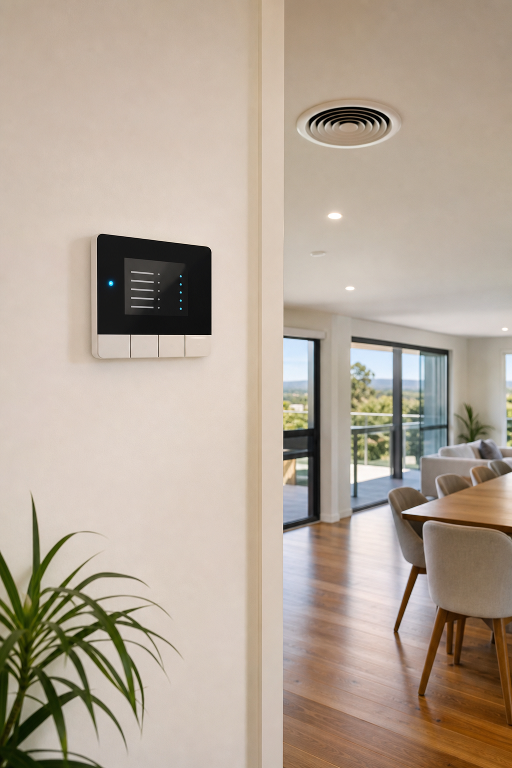 A photorealistic image of a modern Queensland home interior showing a wall-mounted zone thermostat panel in a hallway, with visible ducted air conditioning vents on the ceiling of an adjacent room, natural lighting, clean finishes. Alt: zone thermostat placement in a Queensland ducted air conditioning system.