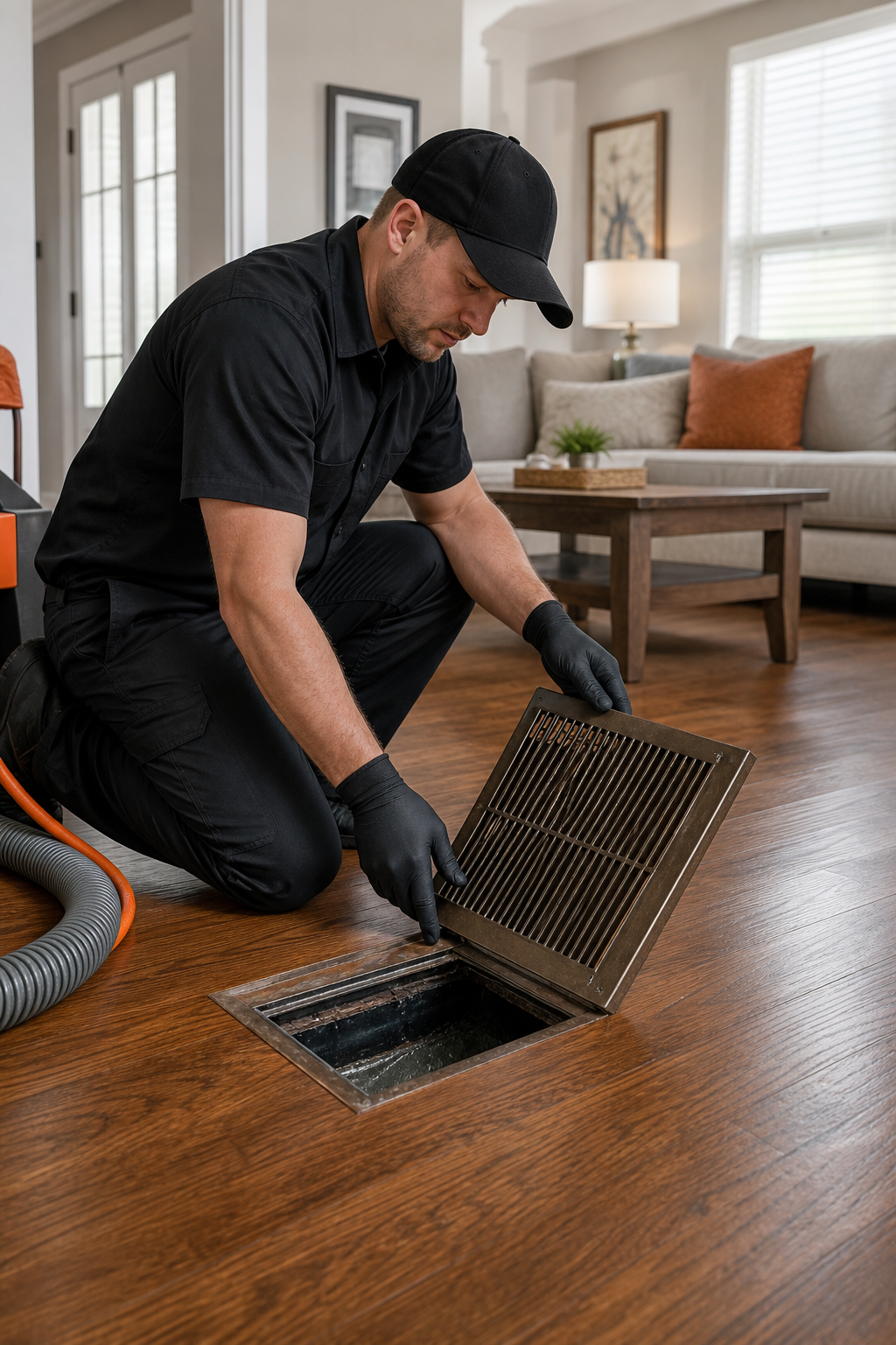 A photorealistic wide-angle interior shot of a residential HVAC technician in uniform inspecting an open floor vent in a clean suburban living room, natural light, no phone numbers visible. Alt: HVAC technician inspecting air duct vent during air duct cleaning service.